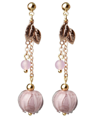 Simple Pink Coloured Glaze Leaf Metal Drop Earrings