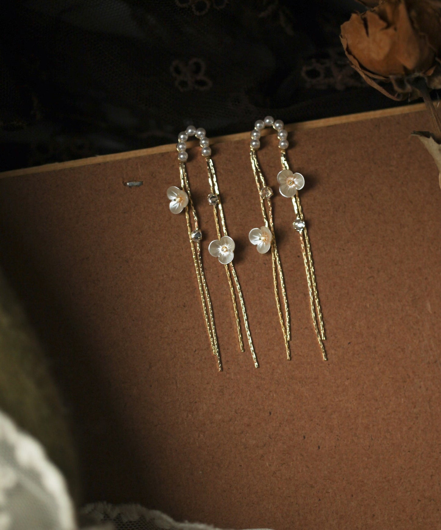 Skinny Gold Alloy Pearl Tassel Drop Earrings
