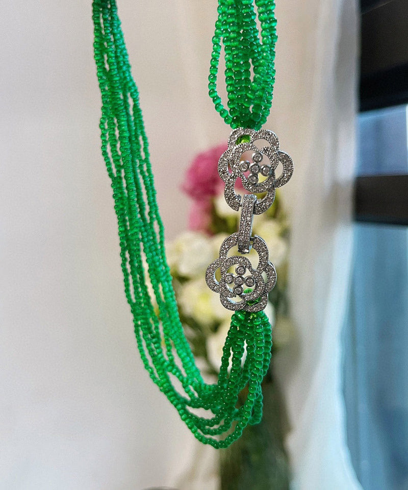 Skinny Green Stainless Steel Cat Eye Stone Multi Layer Beading Gratuated Bead Necklace Ya026