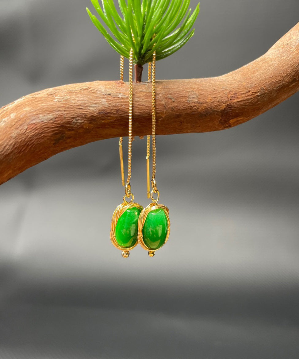 Skinny Green Sterling Silver Overgild Jade Tassel Drop Earrings Gh1085