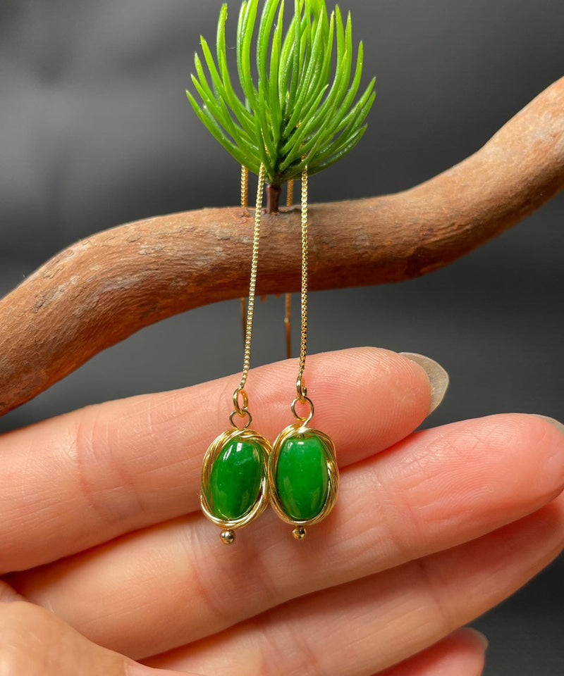 Skinny Green Sterling Silver Overgild Jade Tassel Drop Earrings Gh1085
