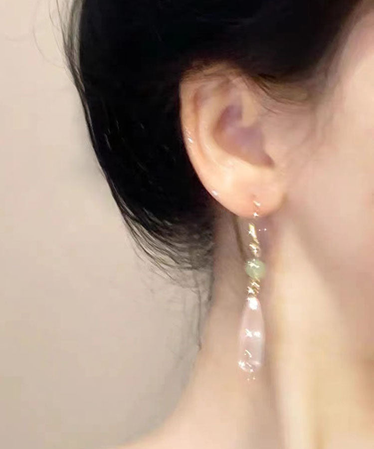 Skinny Pink Sterling Silver Drip Chalcedony Jade Drop Earrings Tw1031