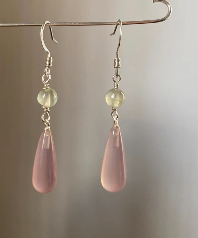 Skinny Pink Sterling Silver Drip Chalcedony Jade Drop Earrings Tw1031