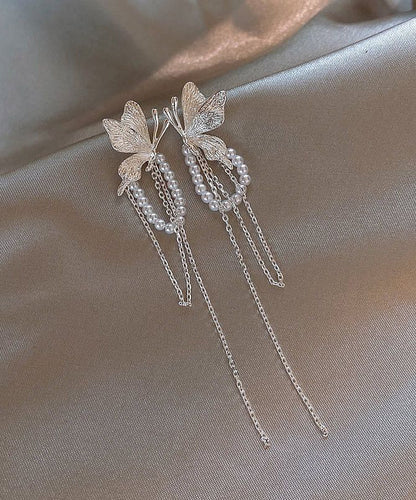 Skinny Silk Copper Alloy Butterfly Pearl Tassel Drop Earrings