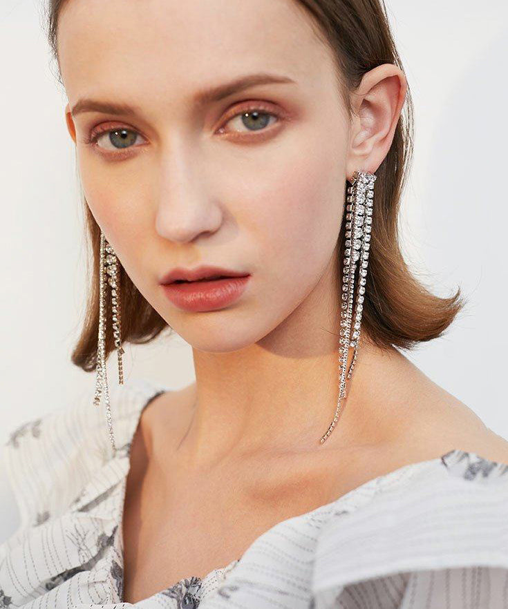 Sparkling Rhinestone Long Tassel Drop Earrings