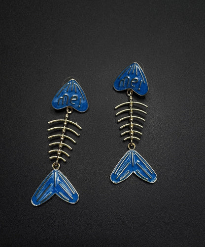 Style Blue Alloy Drip Glaze Fish Bone Stud Earrings