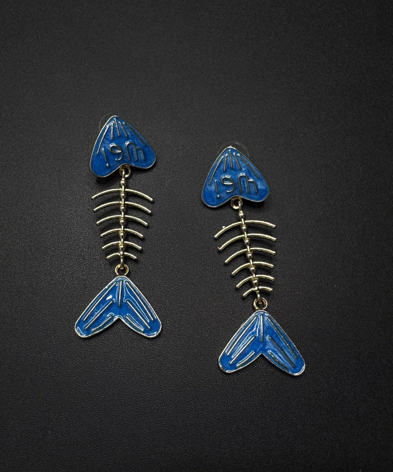Style Blue Alloy Drip Glaze Fish Bone Stud Earrings