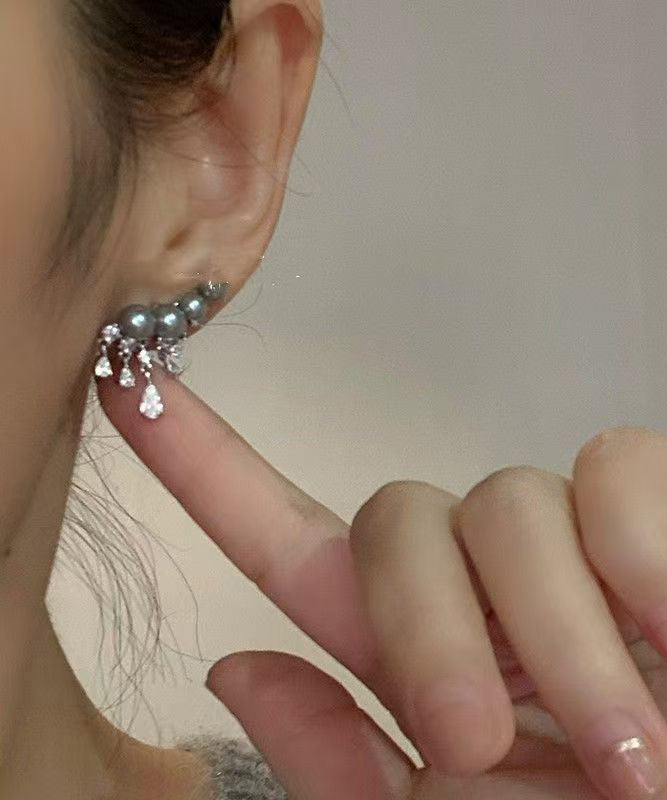 Style Grey Sterling Silver Zircon Arc Pearl Tassel Stud Earrings