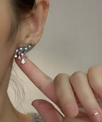Style Grey Sterling Silver Zircon Arc Pearl Tassel Stud Earrings