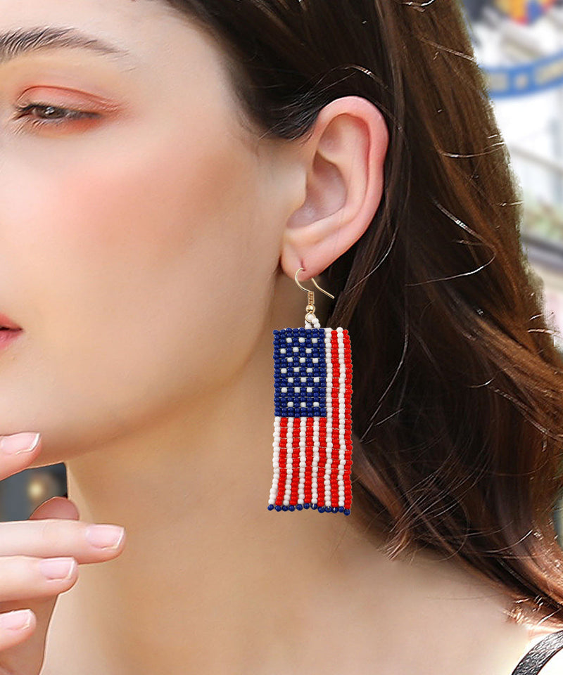 Style Hand Knitting Rice Ball Flag of the United States Tassel Drop Earrings