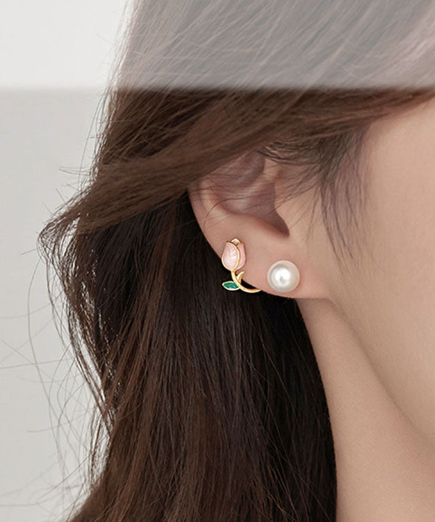 Style Pink Silver Overgild Pearl Oil Drip Hoop Earrings Tw1045