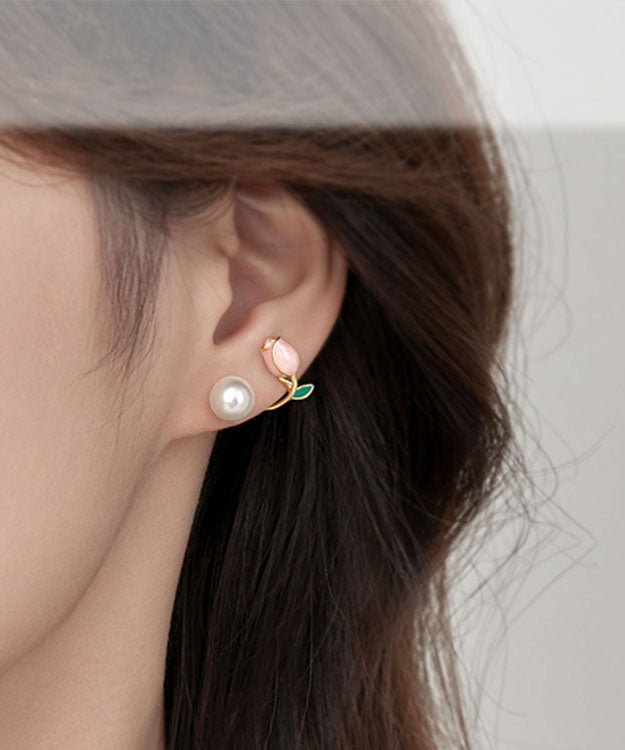 Style Pink Silver Overgild Pearl Oil Drip Hoop Earrings Tw1045