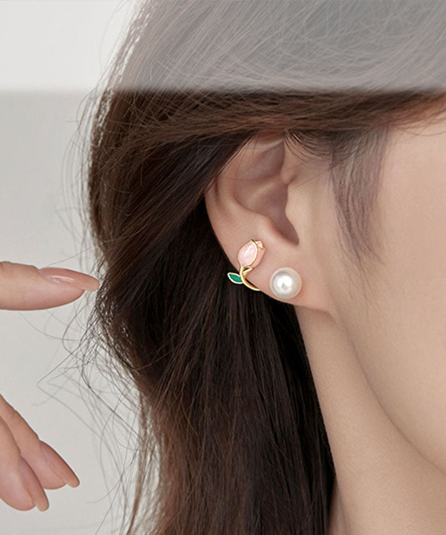 Style Pink Silver Overgild Pearl Oil Drip Hoop Earrings Tw1045