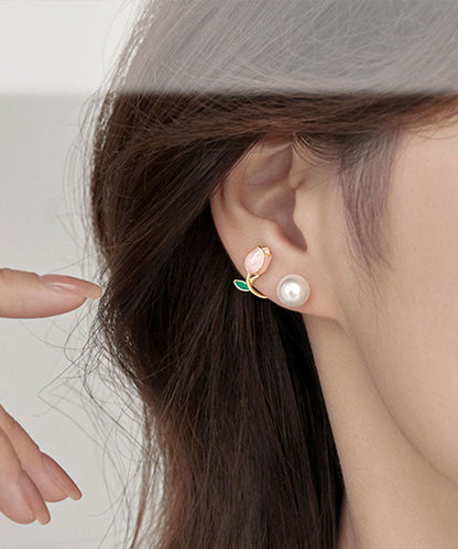 Style Pink Silver Overgild Pearl Oil Drip Hoop Earrings Tw1045