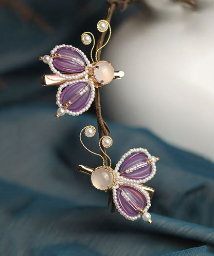 Style Purple Copper Alloy Pearl Coloured Glaze Agate Butterfly a Pair Hairpin