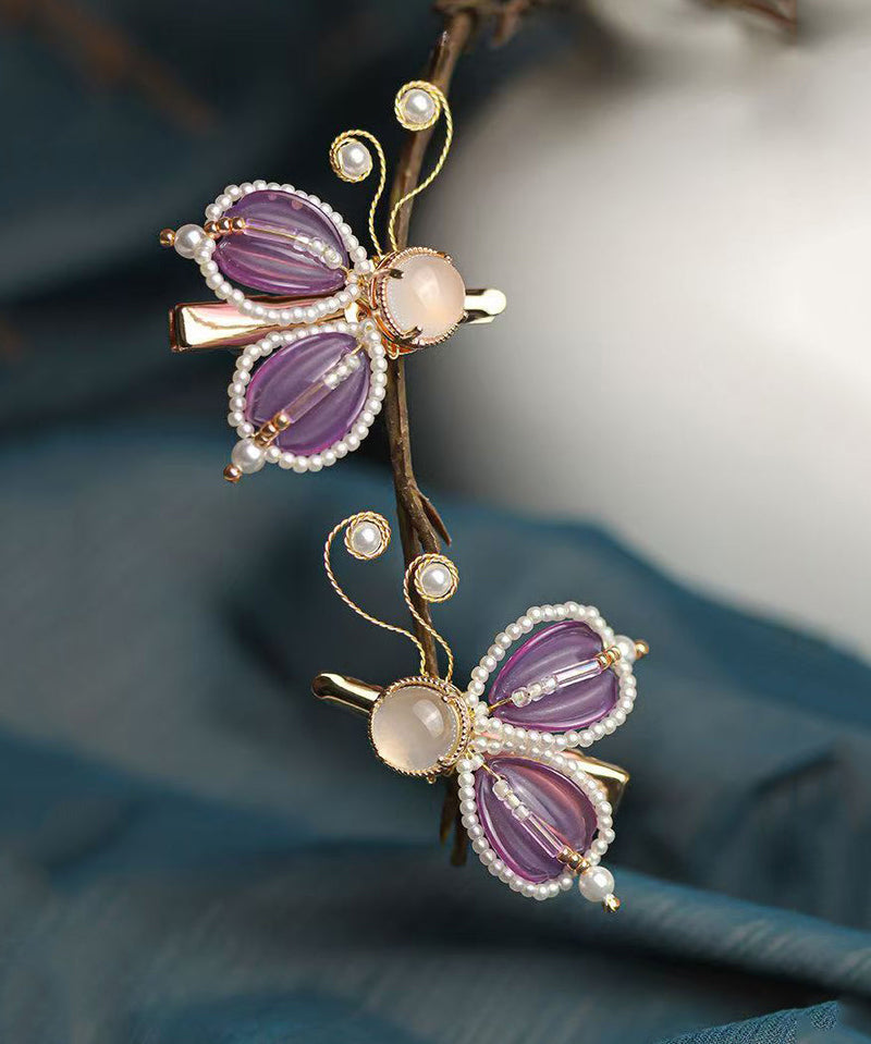Style Purple Copper Alloy Pearl Coloured Glaze Agate Butterfly a Pair Hairpin