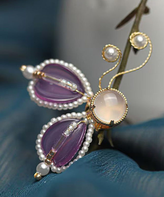 Style Purple Copper Alloy Pearl Coloured Glaze Agate Butterfly a Pair Hairpin