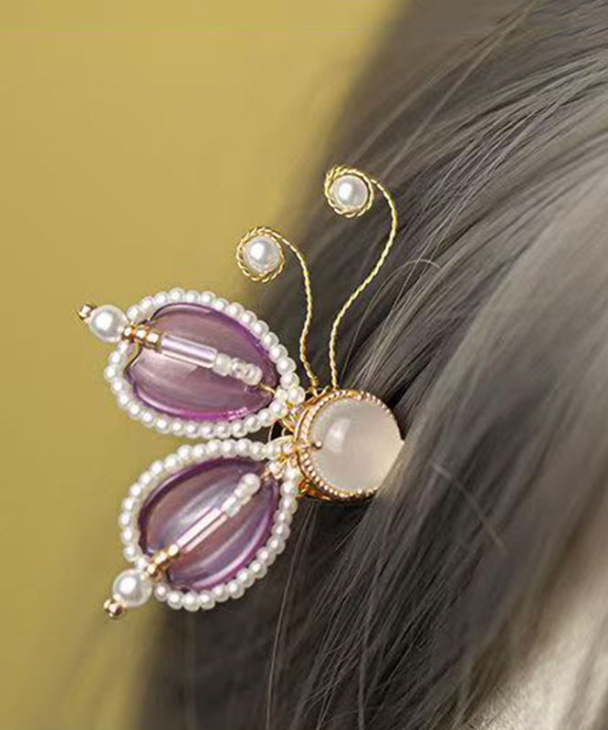Style Purple Copper Alloy Pearl Coloured Glaze Agate Butterfly a Pair Hairpin