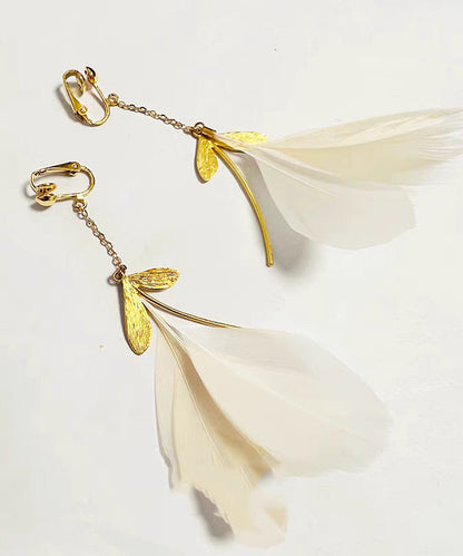 Stylish Gold Copper Overgild Feather Drop Earrings