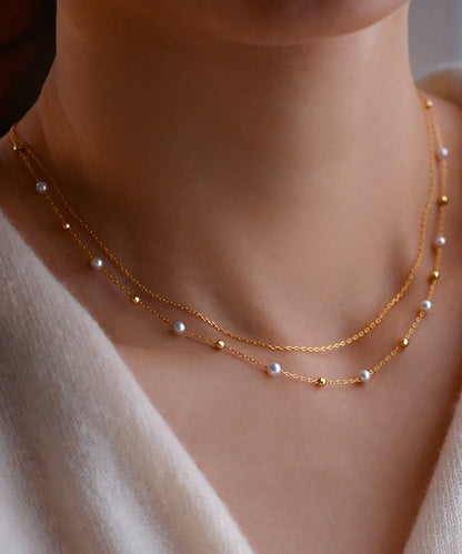 Stylish Pearl Double Layered Adjustable 14k Gold Necklace