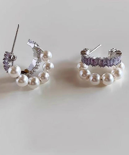 Stylish Purple Copper Overgild Zircon Pearl Hoop Earrings