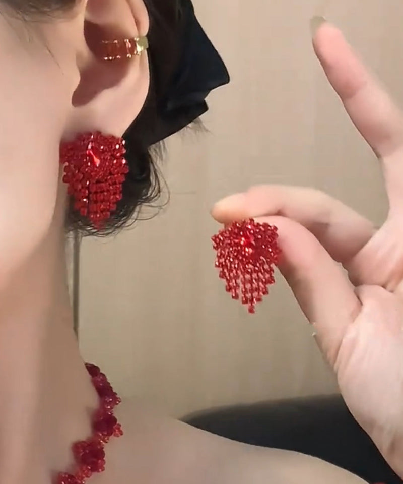 Zircon Earrings Stylish Stud Tassel Alloy Red