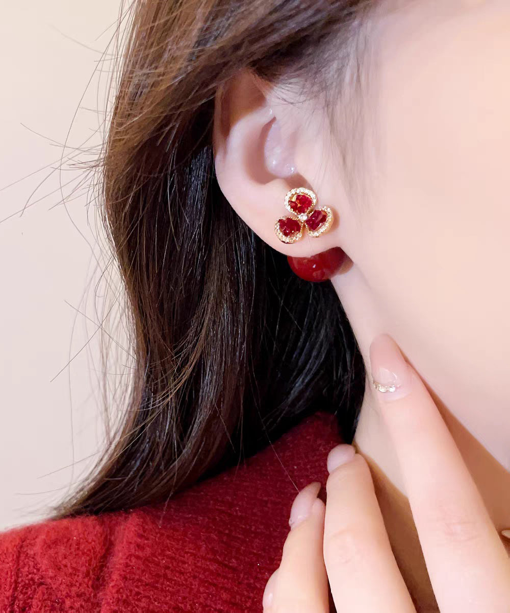Stylish Red Copper Overgild Zircon Stud Earrings