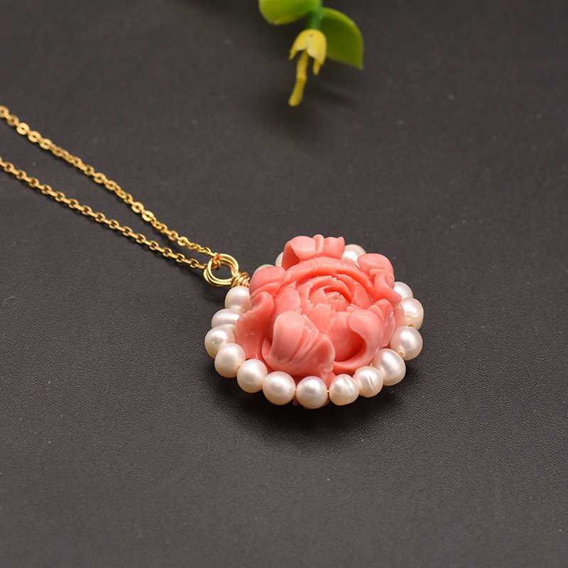 Stylish Red Sterling Silver Overgild Pearl Pendant Necklace