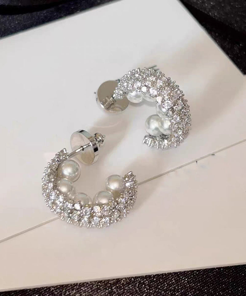Stylish Silk Sterling Silver Zircon Pearl Hoop Earrings