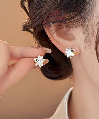 Stylish White Copper Alloy Zircon Star Pearl Stud Earrings