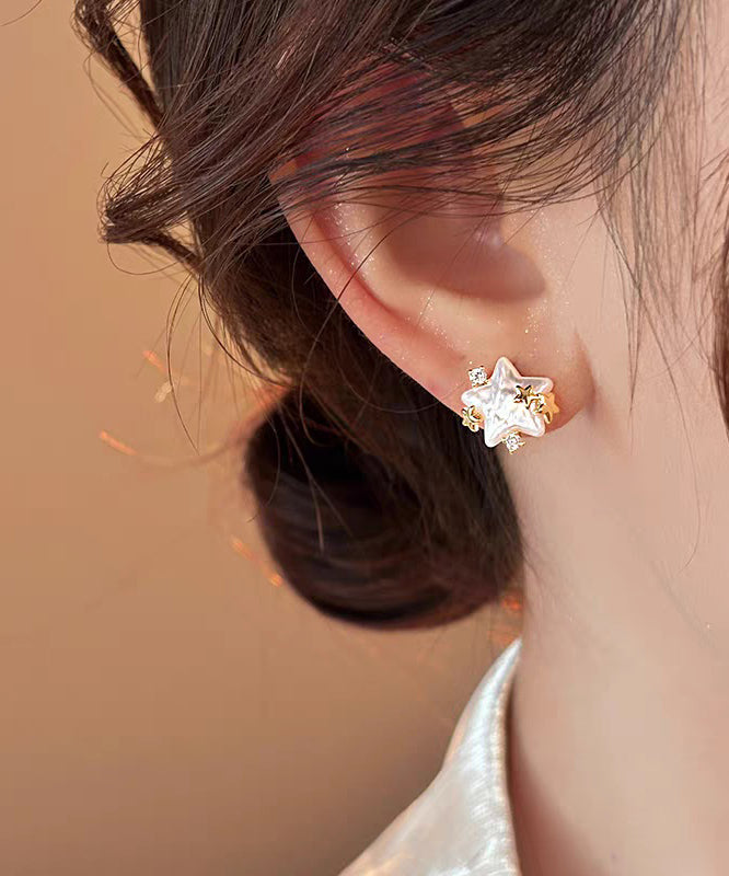 Stylish White Copper Alloy Zircon Star Pearl Stud Earrings