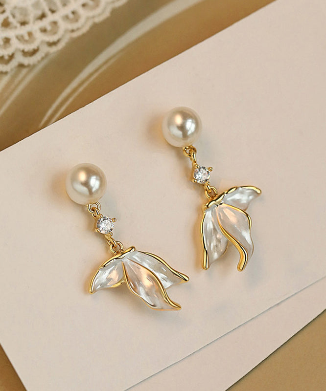 Stylish White Sterling Silver Overgild Zircon Pearl Fishtail Tassel Drop Earrings