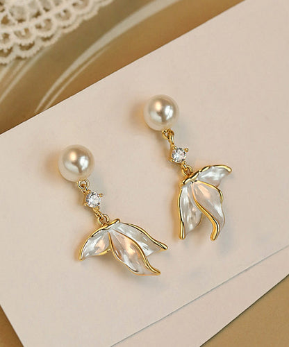 Stylish White Sterling Silver Overgild Zircon Pearl Fishtail Tassel Drop Earrings