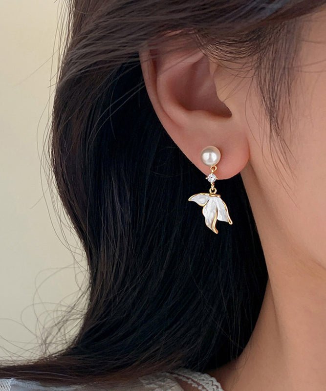 Stylish White Sterling Silver Overgild Zircon Pearl Fishtail Tassel Drop Earrings