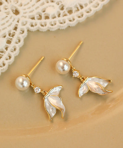Stylish White Sterling Silver Overgild Zircon Pearl Fishtail Tassel Drop Earrings