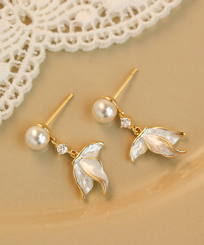 Stylish White Sterling Silver Overgild Zircon Pearl Fishtail Tassel Drop Earrings