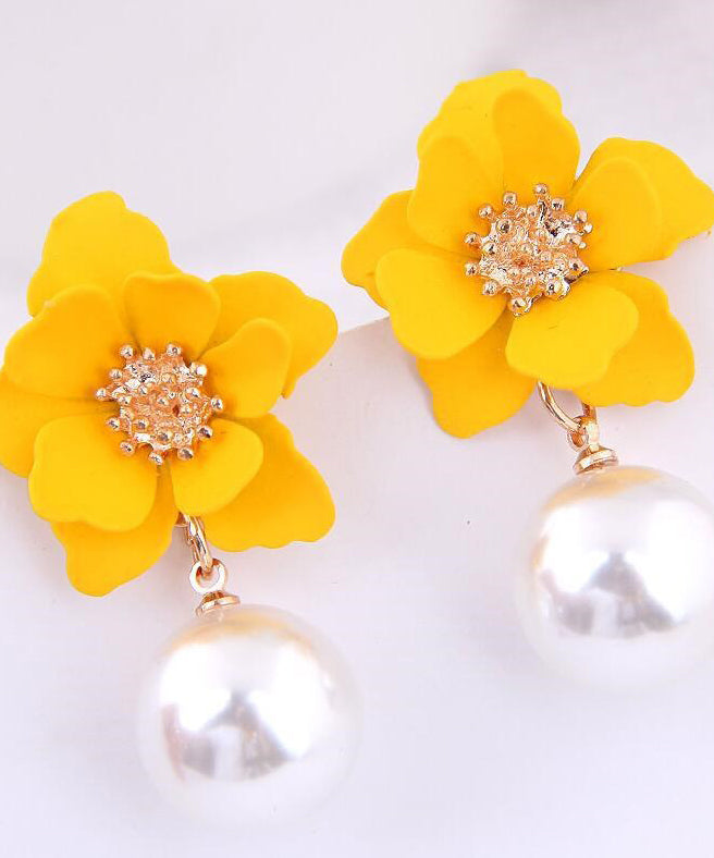 Temperament Female Yellow Metal Imitation Pearl Jewelry Drop Earrings