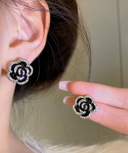 Unique Black Srerling Silver Overgild Zircon Stud Earrings