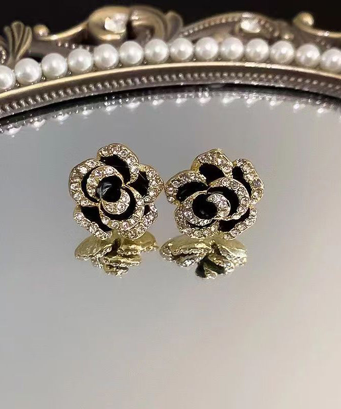 Unique Black Srerling Silver Overgild Zircon Stud Earrings