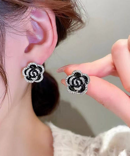 Unique Black Srerling Silver Overgild Zircon Stud Earrings