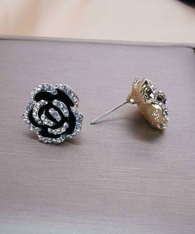Unique Black Srerling Silver Overgild Zircon Stud Earrings