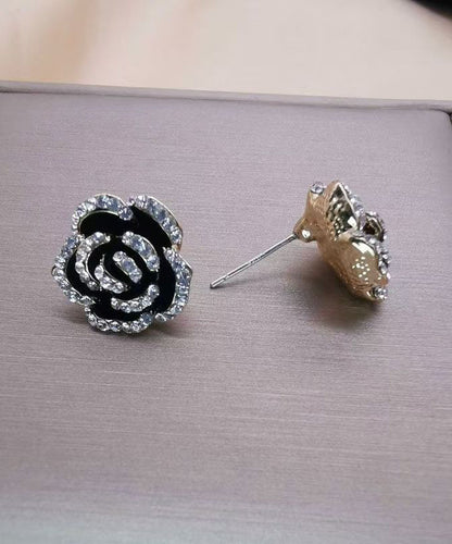 Unique Black Srerling Silver Overgild Zircon Stud Earrings