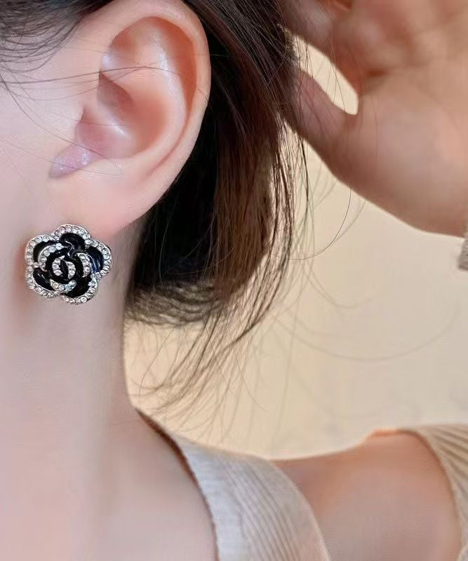 Unique Black Srerling Silver Overgild Zircon Stud Earrings