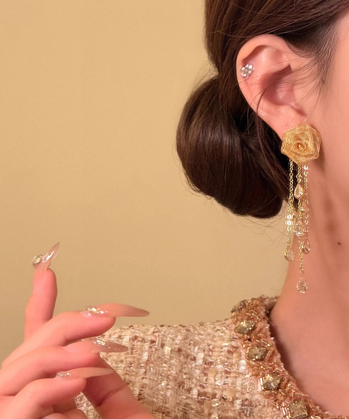 Unique Gold Copper Overgild Rose Tassel Drop Earrings