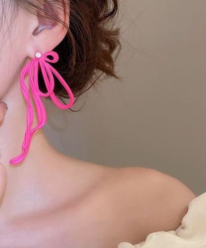 Unique Pink Alloy Zircon Bow Drop Earrings