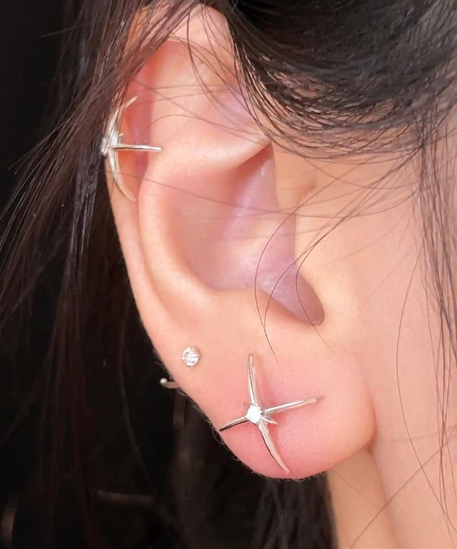 Unique Silk Sterling Silver Four-pointed Star Stud Earrings