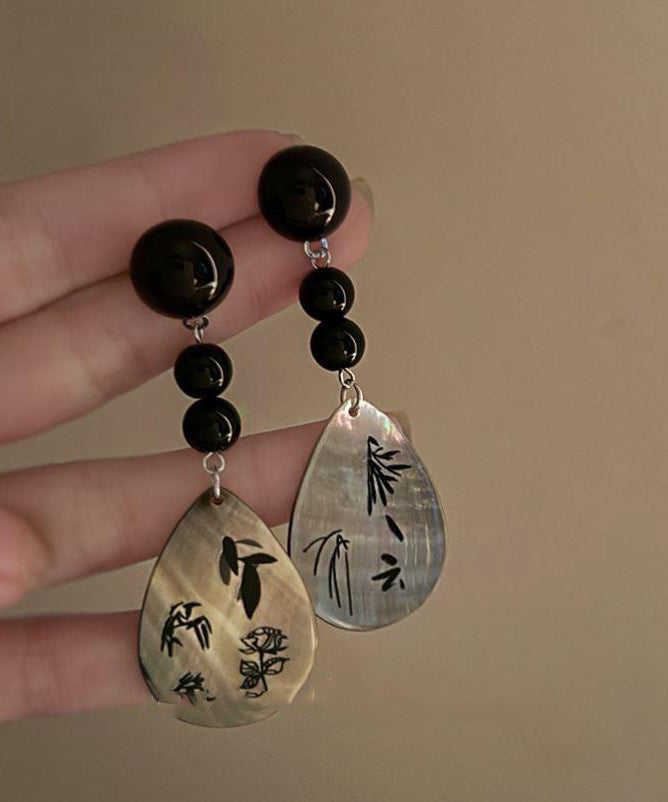 Black Acrylic Alloy Print Shell Water Drop Drop Earrings