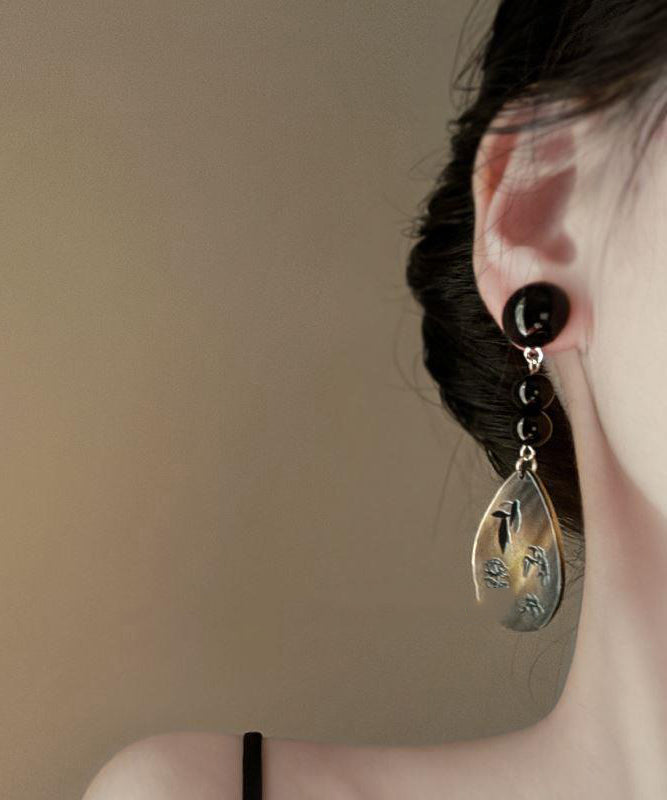 Black Acrylic Alloy Print Shell Water Drop Drop Earrings
