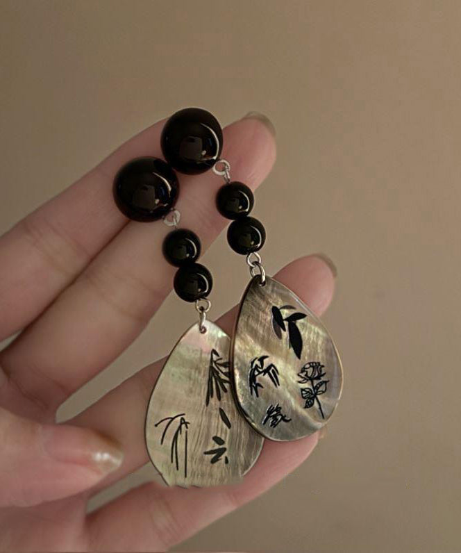 Black Acrylic Alloy Print Shell Water Drop Drop Earrings
