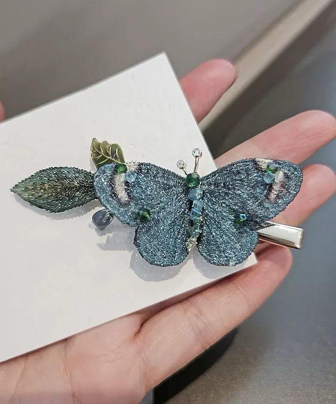 Blue Metal Embroidery Butterfly Hairpin